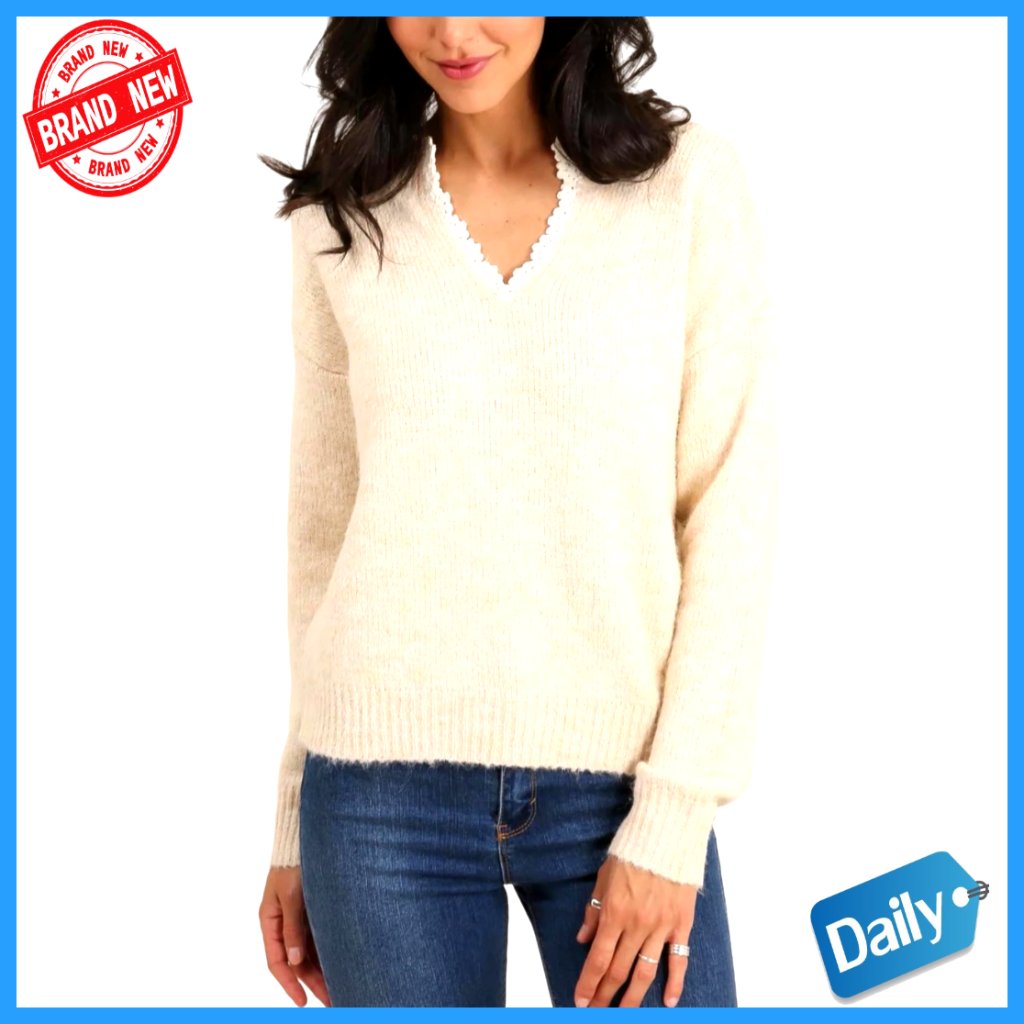Soft Knit V-Neck Pullover Sweater With Lace Trim, Long Sleeve